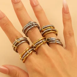 LATS Gold-plated Stainless Steel Multi-layered Contrasting Stacking Rings for Women Fashion Hand Jewelry