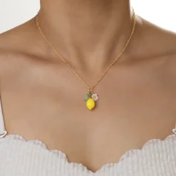 LATS Cute Yellow Fruit Lemon Little Flower Green Leaf Pendant Necklace for Women Fashion Earrings Jewelry Gifts