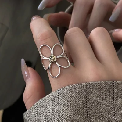 LATS 18K Gold Plated Stainless Steel Rings for Women Couple Minimalist Handmade Simple Big Flower Ring Party Jewelry Gift