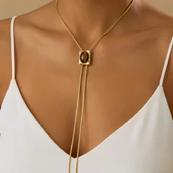 LATS Square Tiger's Eye Stone Bolo Tie Necklace for Women Vintage Western Y Necklaces Gold Color Chain Cowgirl Style Jewelry