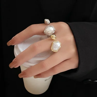 LATS Irregular Oval Imitation Baroque Pearl Open Ring for Women Girl Light Luxury French Fashion Jewelry Accessories