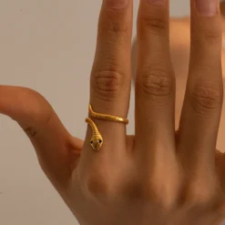 LATS Fashion Statement Snake Shape Stainless Steel Rings for Women Vintage Gold Color Animal Open Ring Trend Luxury Jewelry